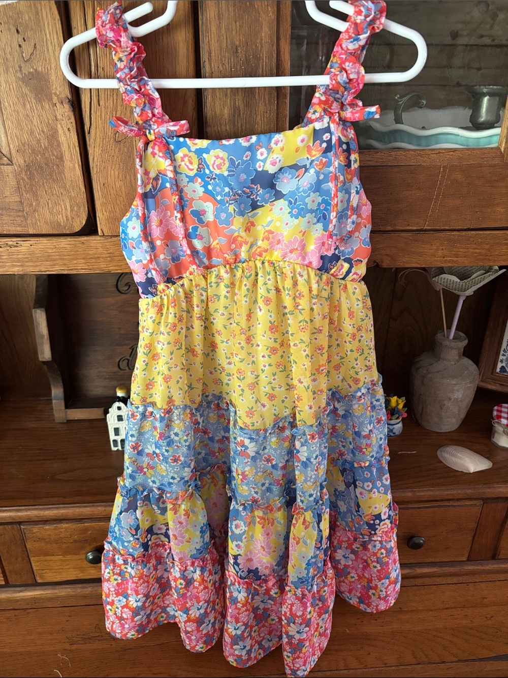 Girls Floral Tiered Dress with Ruffled Tie Straps - Yellow & Blue